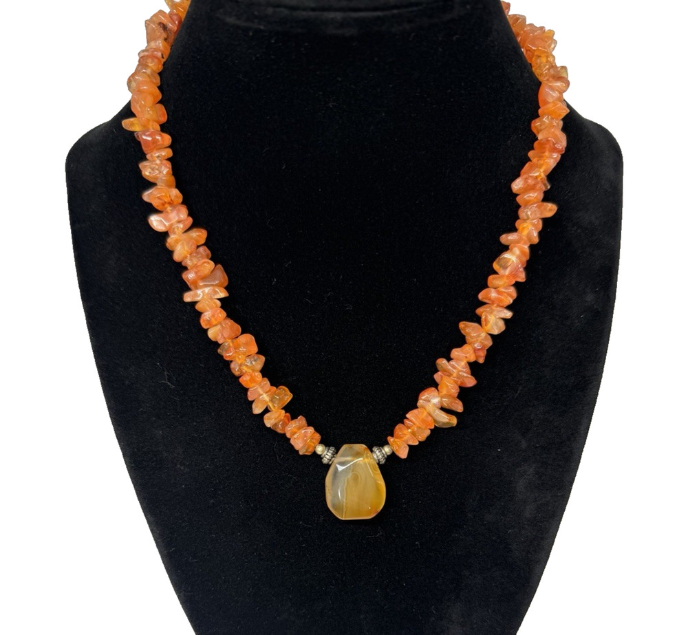 Orange Chip Bead Gemstone Pendant Necklace 925 Marked Clasp 16" Natural Stone